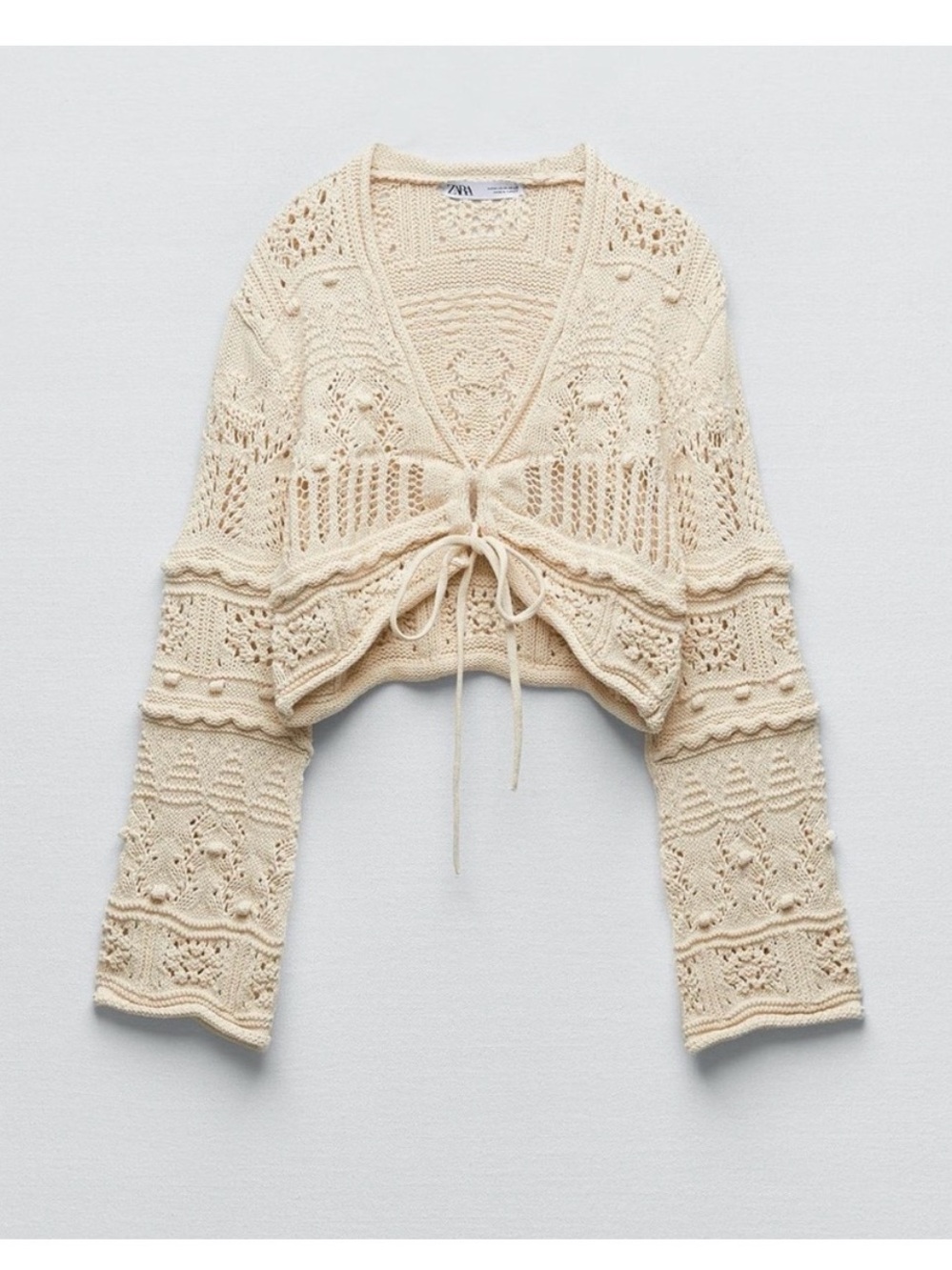 Zara Cream Crochet Tie-Front V-Neck Sweater
